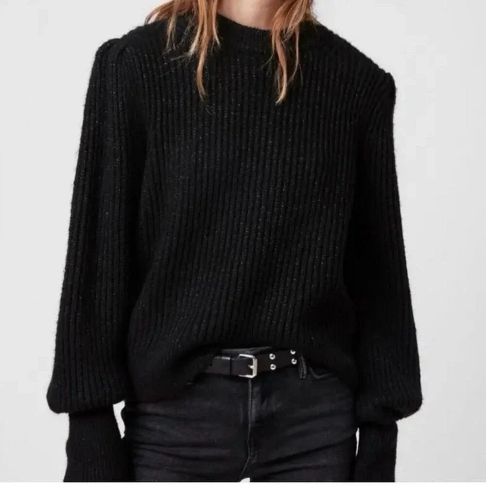 AllSaints‎ Myra Shine Wool Blend Women's Sweater Puff Shoulders in Black Size S